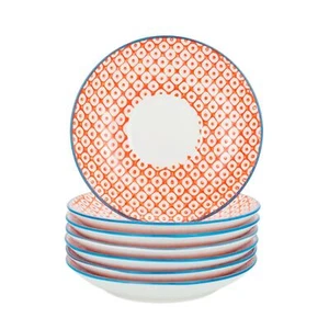 Cappucino Cup Saucers Patterned Porcelain Wedding Tea Party - Orange / Blue x6 - Picture 1 of 5