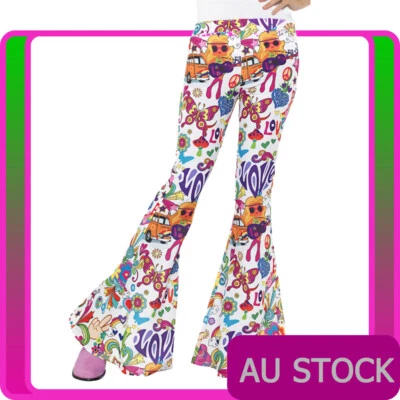 Damas 60s 70s Go Retro Hippie Hippy Pantalones Groovy Pantalones Acampanados Disfraz Foto 1 de 3