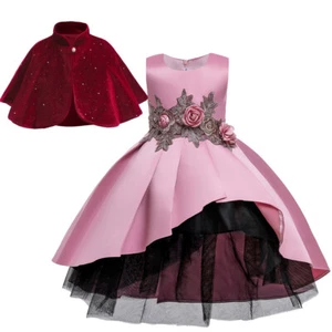2pcs Flower Kids Girls Velvet Bolero Cape Princess Dress Set Shrug Party Wedding - Picture 1 of 24