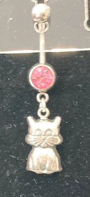CUTE! Sterling Silver Cat with Surgical Steel Barbell Dangle Belly Ring - Image 1 of 2