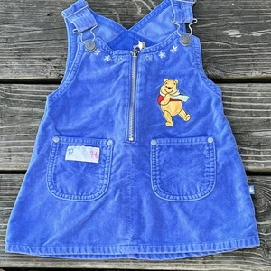 Vintage 90s Winnie The Pooh Blue Velvet Overall Baby Dress 2T Embroidered - Picture 1 of 4