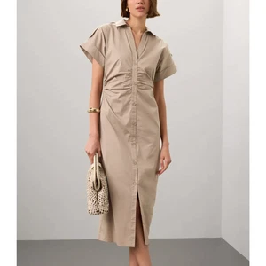 Saunders Khaki Beige Midi Shirt Dress SIZE 2 Ruched Career Cotton Designer $335 - Picture 1 of 9