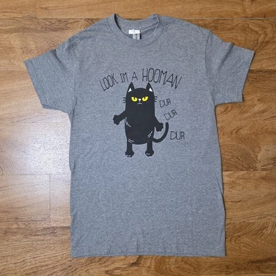 Divertida Camiseta Gris "Look I'm a Hooman" Gato Negro - Talla S Foto 1 de 4