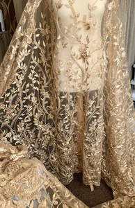 GOLD EMBROIDERED BEADED BRIDAL LACE FABRIC 50" WIDE PRICE 1 YARD - Picture 1 of 8