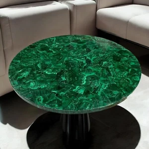 Round Green Malachite Stone Coffee Table | Handmade Modern Furniture Home Decors - Picture 1 of 10