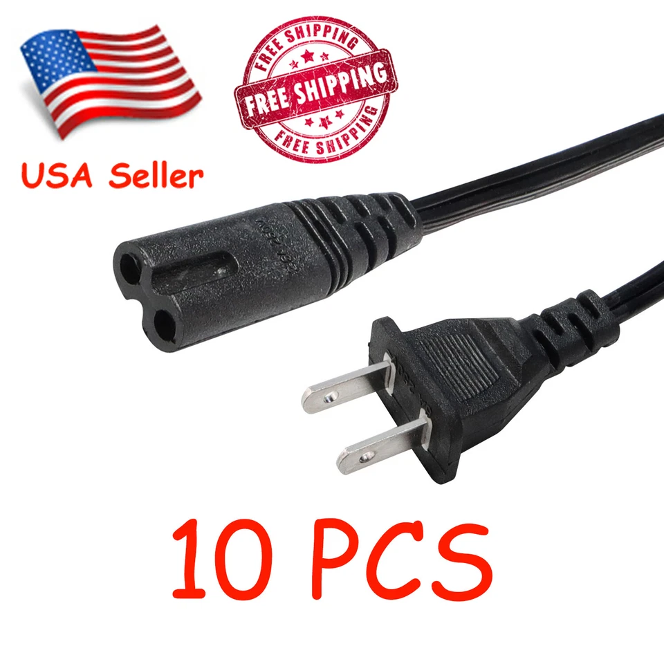 Lote de 1-100 cabo/cabo de alimentação CA padrão 6 pés 2 pinos para laptop PS2 PS3 Slim - Imagem 1 de 4