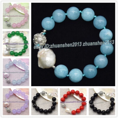 Brazalete de perlas barrocas Keshi blancas y gemas de lapislázuli/larimar/jade 10/12 mm 7,5" Foto 1 de 4