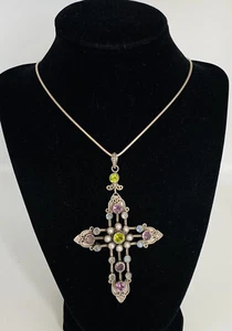 Nicky Butler Sterling Silver Moonstone Amethyst Peridot 4” Cross Necklace 18” - Picture 1 of 12