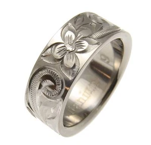 TITANIUM HAND ENGRAVED HAWAIIAN PLUMERIA SCROLL BAND RING 8MM - Picture 1 of 3