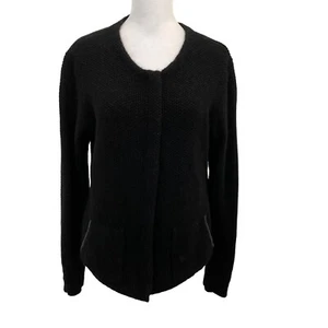 EILEEN FISHER Yak Merino Wool Leather Trim Cardigan Sweater Black Medium Petite - Picture 1 of 8