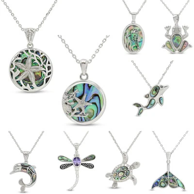 Collar Colgante Animales Piedra Concha Abulón 18" Chapado en Oro Blanco 14K Plata Foto 1 de 4