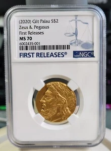 NGC MS70 FR 2020 Palau Gilt 15g Silver Coin - Ancient Greek God Zeus & Pegasus - Picture 1 of 2