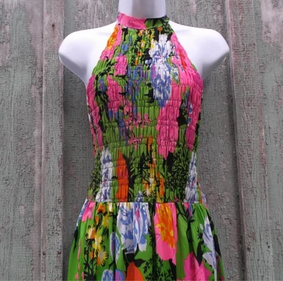 Maxi Vestido De Colección Años 60 Halter Acanalado S M Audaz Floral MCM Acetato EE. UU. Elástico En muy buen estado Foto 1 de 4