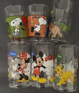 6 Gläser Devely Disney Snoopy Rarität Vintage Mickey Minnie Mouse Lionking Mogli - Bild 1 von 1
