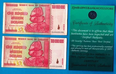 2 billetes de 100 millones de dólares de Zimbabue ZA 2008 auténticos ZA0033258 ZA0026685 Foto 1 de 3