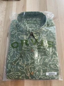 Camicia vintage Orvis manica corta verde stile hawaiano con bottoni XL nuova in plastica!! - Foto 1 di 4