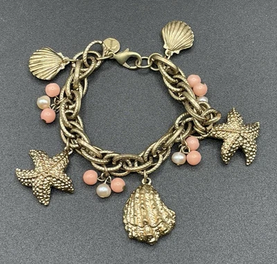 Brazalete Talbots Tono Dorado Concha de Mar y Estrellas de Mar Imitación Perla Rosa Cuentas Dije 7.5" Foto 1 de 4
