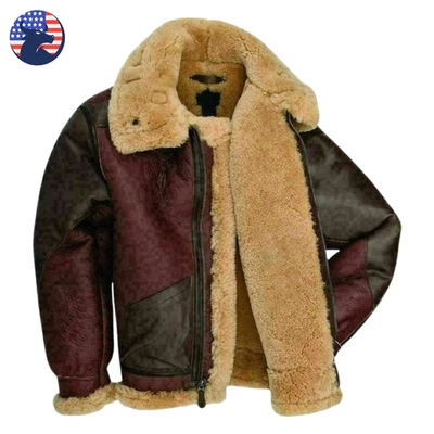 Mens Maroon RAF Aviator Fur Shearling Real Sheepskin Brown Bomber Leather Jacket - Image 1 of 4
