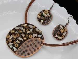brown enamel wood beads FW pearl copper plated pendant necklace earrings K47 - Picture 1 of 4