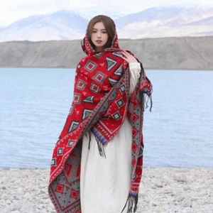 Schal Mantel mit Kapuze Poncho Übergröße Jacke Umhang Decke Boho Geometrisch - Bild 1 von 8