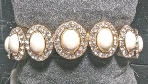 J Crew Gold Tone Cream White Enamel Rhinestone Pave Stretch Bracelet Valentine - Picture 1 of 5