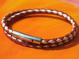 Herren / Damen 4mm Rot & Weiß Leder & Edelstahl Armband - Lyme Bay Art - Bild 1 von 3