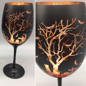 x2 Halloween Graveyard Bats Wine Glass Set Matte Black Orange Spooky Forest NEW