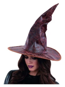 Distressed Mock Leather Wizards Hat Adults Fancy Dress Brown Wizard Point Witch - Picture 1 of 2
