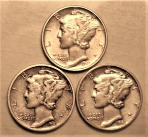 1941 PDS Set mit drei Quecksilberdimen im Umlauf 90 % Silber XF extrafein zu AU - Bild 1 von 2