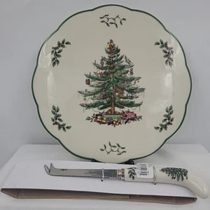 SPODE Cheese Trivet CHRISTMAS TREE Porcelain 9”  Dish Plus Knife New No Box - Picture 1 of 3