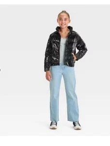 Girls' Solid Black Shiny Puffer Jacket - Art Class Black M (8) - Picture 1 of 11