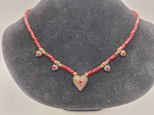 1928 17" Necklace Heart Pendants Faux Rubies Red Beads Antique Goldtone - Picture 1 of 6