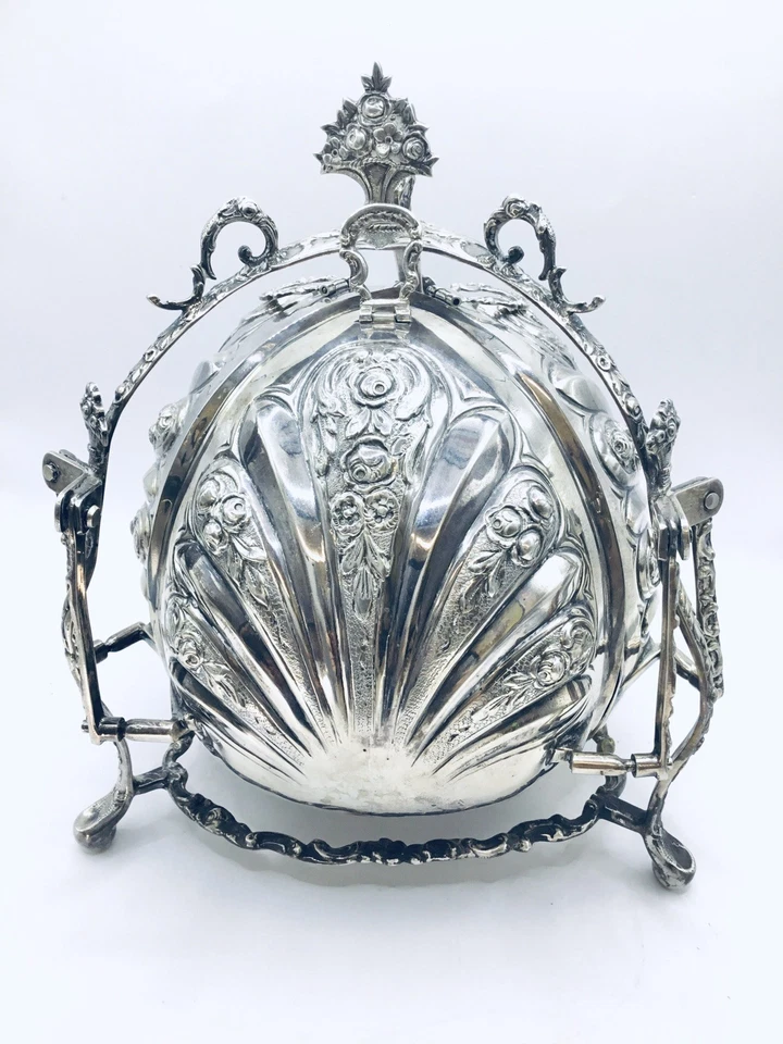 Caja de galletas plegable triple de plata de ley rara decoración floral ornamentada 47,9 OZT Foto 1 de 4