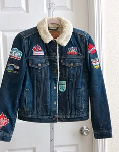 Levis Kids Denim Canadian Patchwork Dark Wash Trucker Sherpa Lined Coat Size Sm - Picture 1 of 7