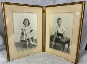 VTG 1950s Gold Tone Metal Bi-Fold Double Hinged Picture Frame with Glass/Photos - Picture 1 of 5
