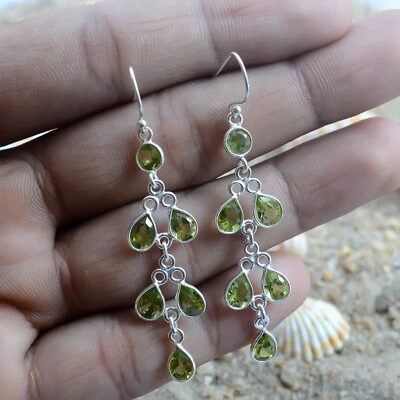 Natural Peridot  Earrings Solid 925 Sterling Silver Dangle Drop Long Earrings - Image 1 of 3