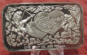 Vintage Happy Valentine's Day 1 Troy Oz. .999 Silver Bar California Crown Mint - Picture 1 of 2