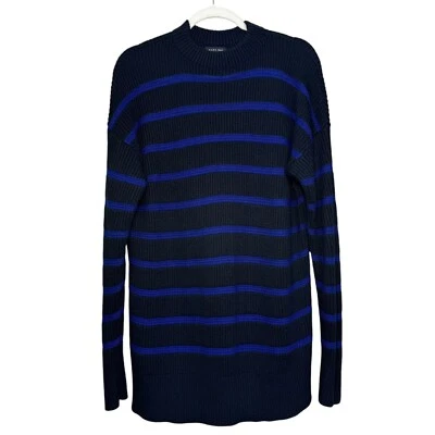 Zara Man Sweater Large Wool Blend Striped Ribbed Royal Blue Preppy Neutral City - Image 1 of 4