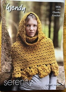 Wendy Chunky Crochet Pattern 5836 Ladies Poncho With Funnel Neck & Hat 3 Sizes - Picture 1 of 3