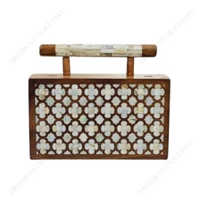 Double Sided Mother of Pearl Inlay Wooden Handbag – Handmade Floral Seashell Bag - Picture 1 of 4
