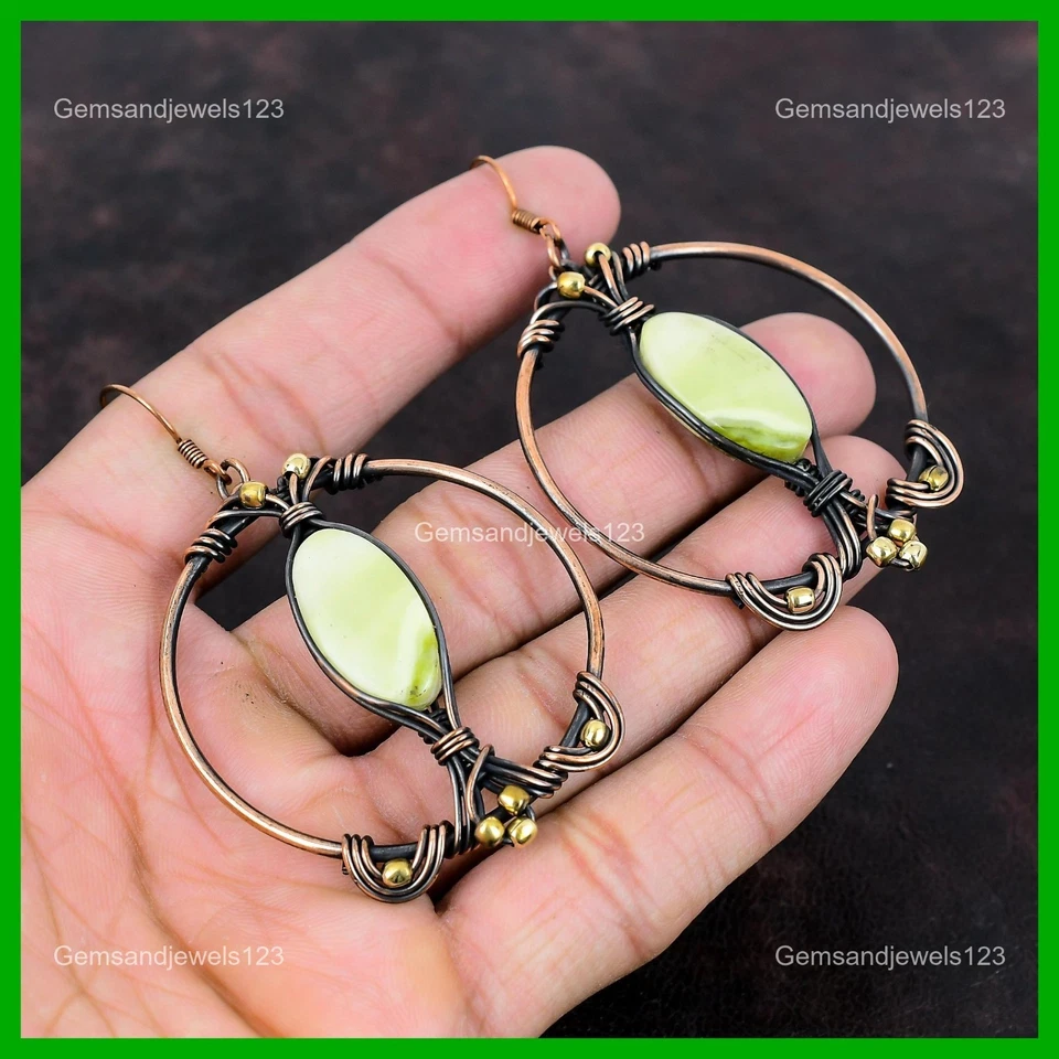 Natural Serpentine Hook Wire Wrapped Dangle Drop Mother Earrings Jewelry Copper - Image 1 of 4