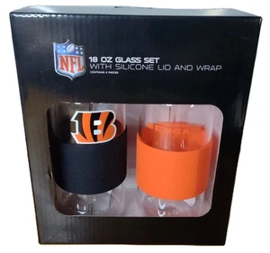 NFL Official Cincinnati Bengals 18oz Glass Set w/ Lids Straws Memory Company HTF - Picture 1 of 9