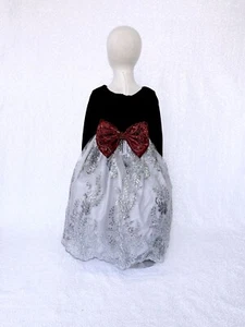 Black Velvet Long Sleeve Silver Embroidery Newborn Junior Dress Wedding Birthday - Picture 1 of 18