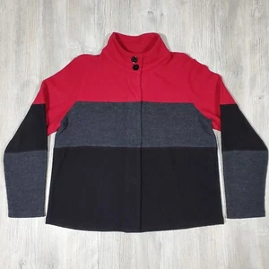 Women's Karl Lagerfeld Sweater Jacket Red Black Wool Blend Hidden Button - Large - Picture 1 of 6