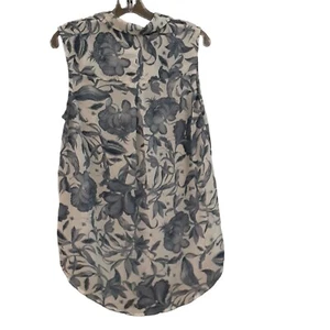 H&M Sleeveless Collared Button Front Blouse Blue White Floral Crepe 8 - Picture 1 of 6