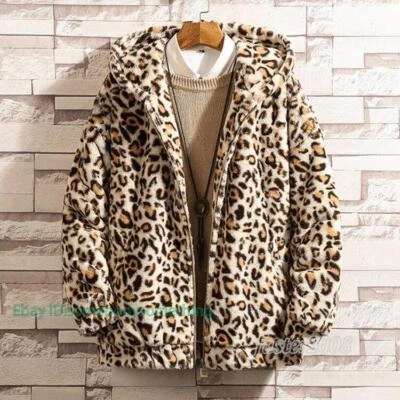 Mens Fashion Youth Leopard Hooded Faux Fur Casual Loose Warm Coat Jacket Outwear - Image 1 of 4