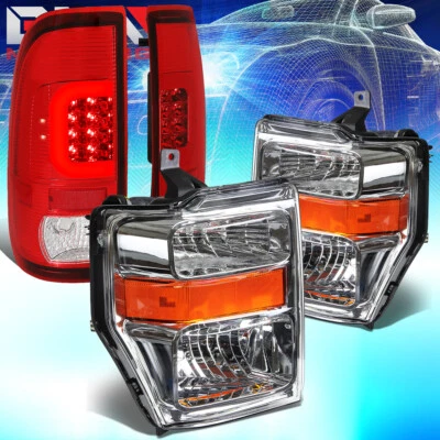 FIT 2008-2010 FORD SUPER DUTY RED LED BAR RED TAIL LIGHT+AMBER EURO HEADLIGHT - Image 1 of 4