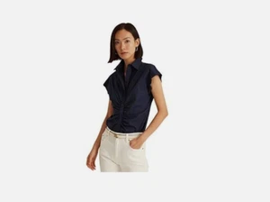 LAUREN Ralph Lauren Shirred Stretch Cotton Shirt Navy Size 16 3994 - Picture 1 of 2
