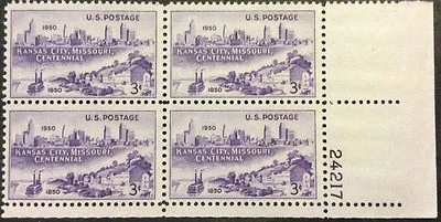 1950 3c Kansas City Centenario conmemorativo P.B. de 4, Scott #994, MNH, fino Foto 1 de 2