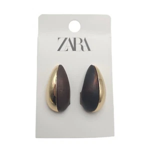 Zara Womens Gold Tone & Brown Wood Teardrop Post Statement Earrings - Picture 1 of 5
